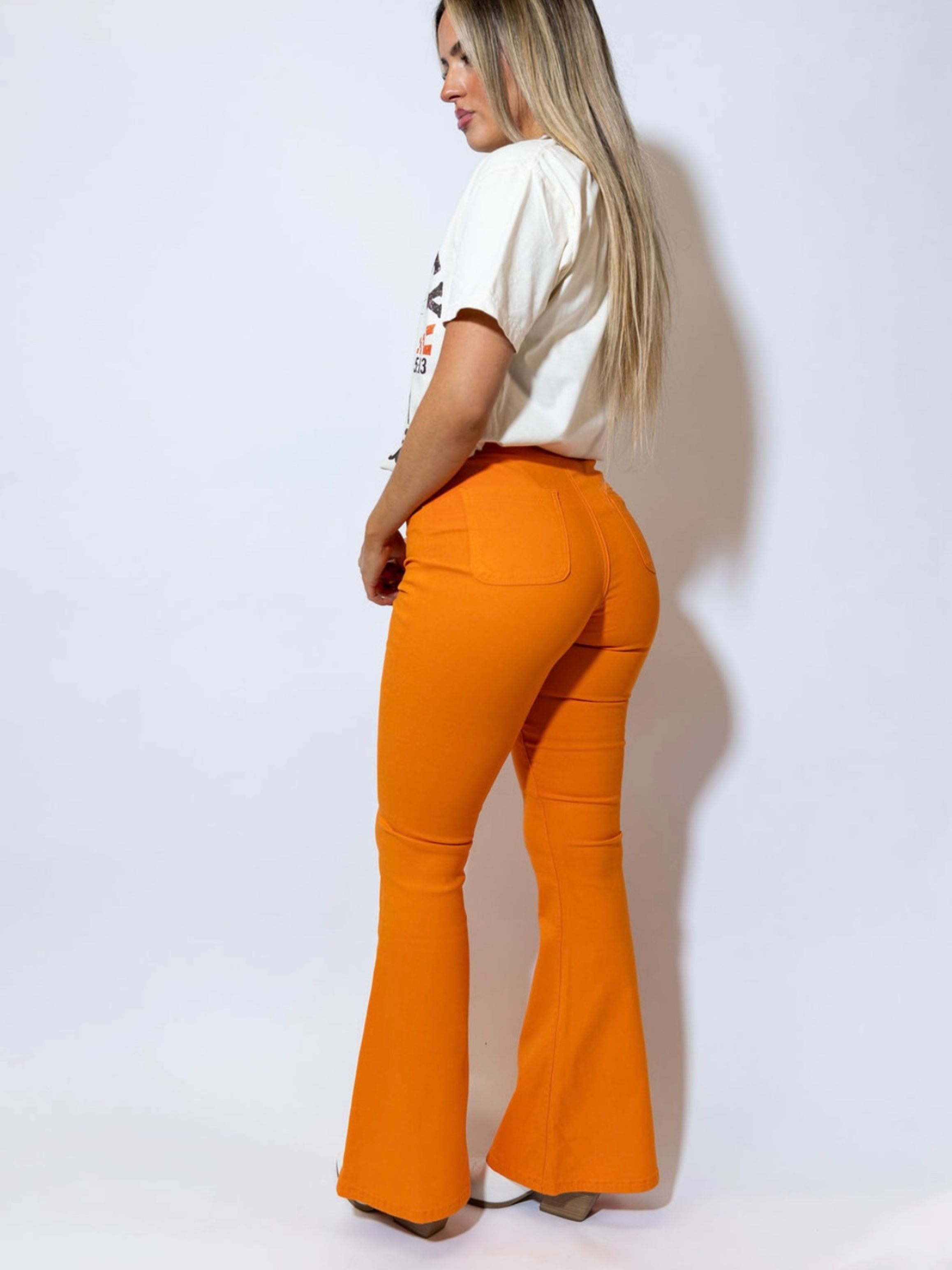 Fiona High Waisted Bell Bottom Flare Jeans - Orange